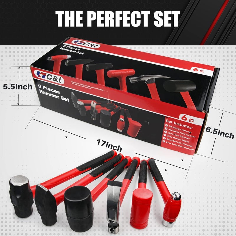 ct 6-Piece Hammer Set, Fiberglass Handle & Mallet Set, Metal Working | Garage Home Kit | Mechanic Tools | Sledge Hammer | blacksmith Hammer | Ball Peen Hammers | Hand Tools - Image 5